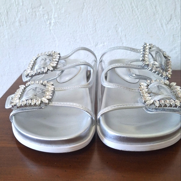 Forever 21 Transparent Crystal Rhinestones Double Strap Women's Slippers Size 6 - Picture 4 of 7